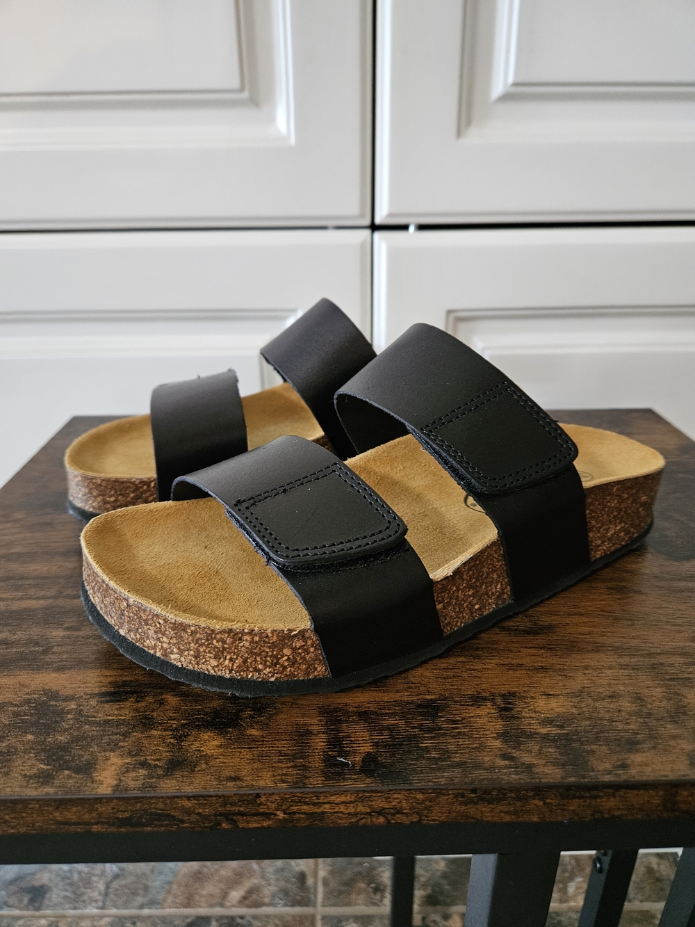 NWOB Plakton Black Double Strap Cork Leather Sandals Slides Preppy Coastal Boho